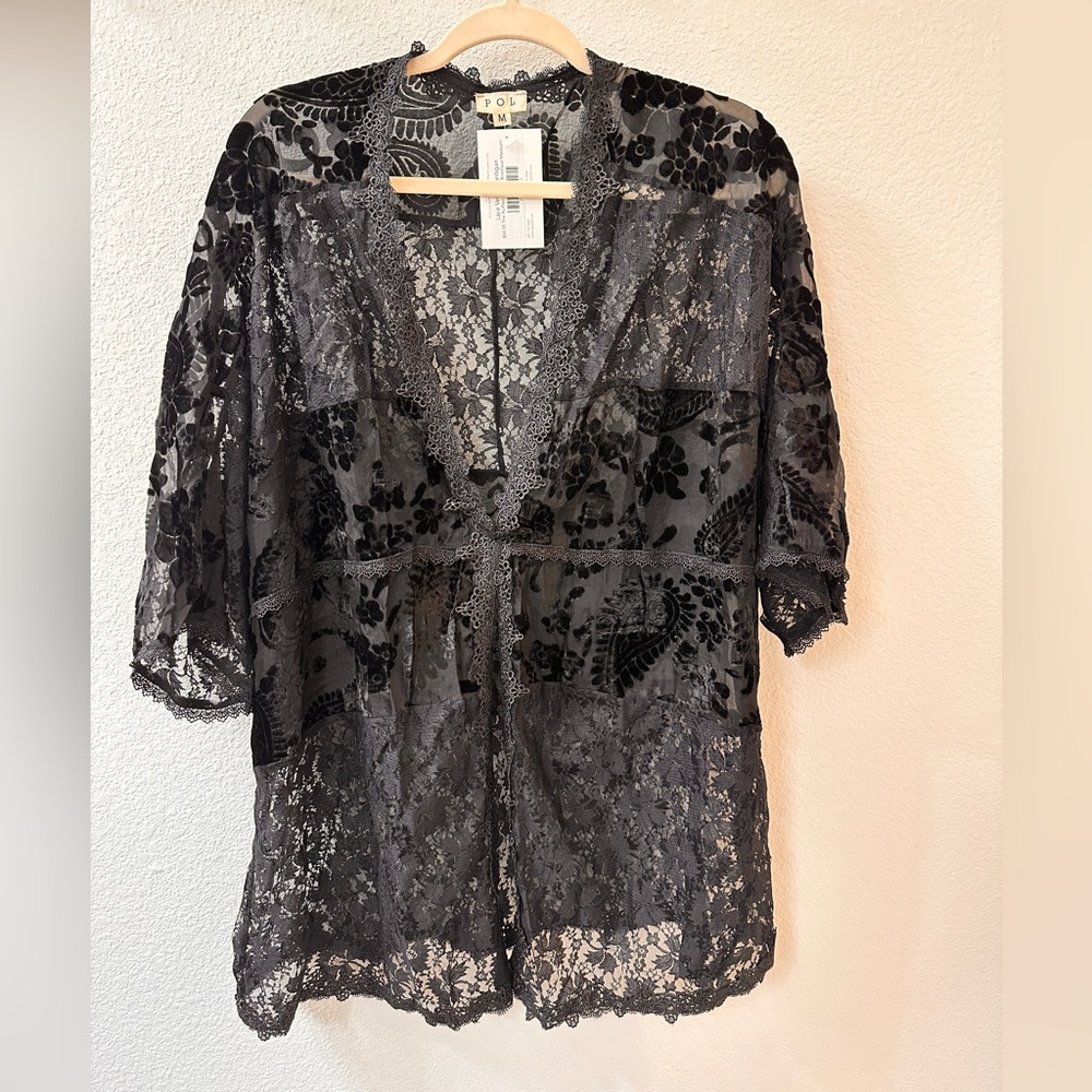 POL Black Floral Embroidered Velvet Cardigan. Open front. 3/4 sleeve. HJJ19